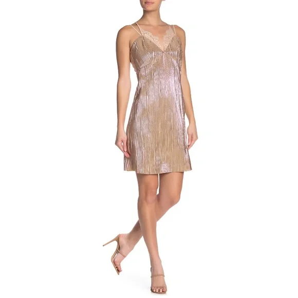 J.O.A. | Dresses | Nwt Joa Champagne Metallic Pleated Lace Trim Dress